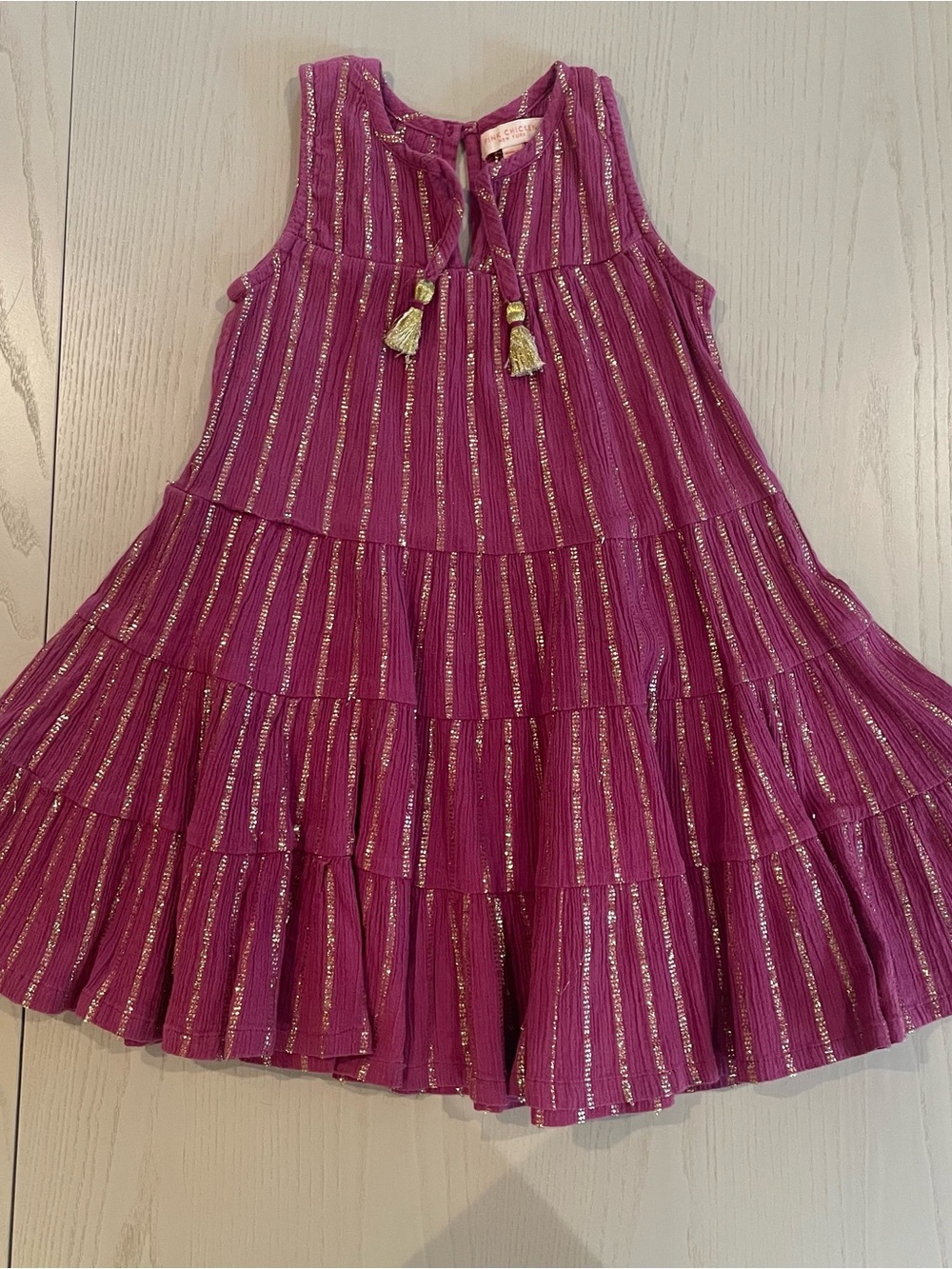 Pink Chicken Girls Tiered Metallic Lurex Stripe Tassel Dress - Size 4Y